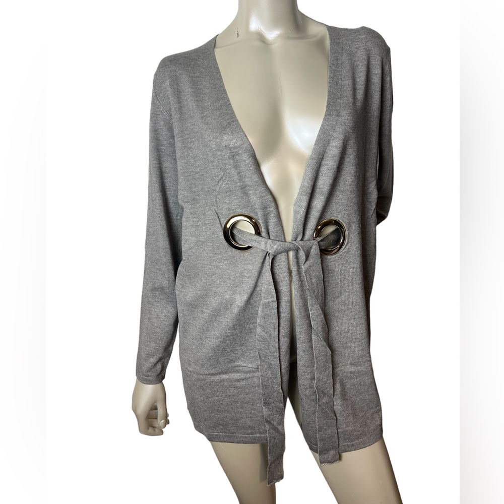 Coco Bleu Gray Long Sleeve Tie Knit Cardigan.